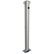 Stainless steel post |  76 mm | without decorative ring | foldable, self-engaging lockto be fixed by plugs, with base plate 100 x 150 mmhot-dip galvanized | with Euro profile cylinder lock and three keys | with 2 eyelets